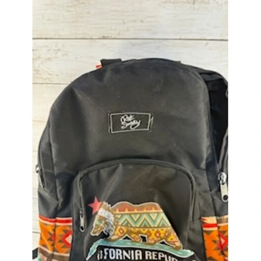 California Republic Bear‎ Headdress Backpack Tribal Print Black Canvas Daypack